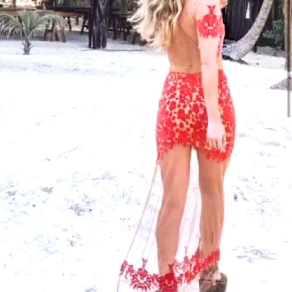BNWT For Love & Lemons *Full Set* Luau Mesh Nude Maxi Skirt & Crop Top Red XS
